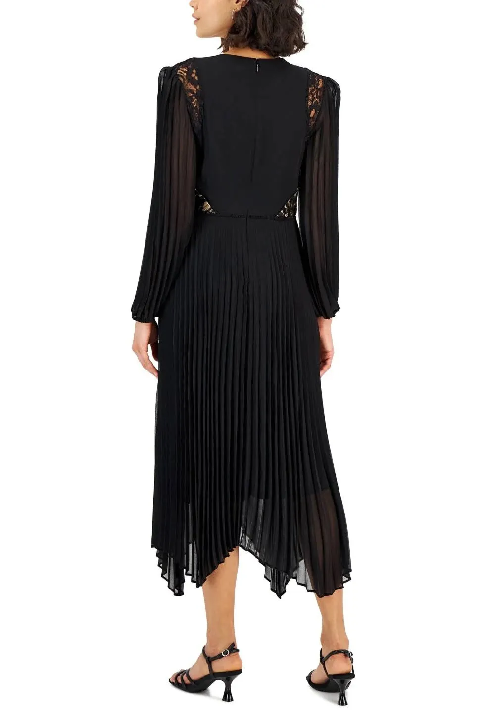 Taylor V-neck elastic cuff long sleeve lace shoulder and side detail zipper back pleated chiffon crepe dress