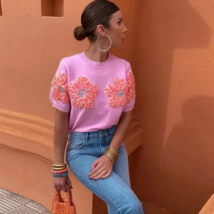 Terri Flower Sequin Embellished Knit Top