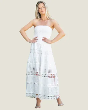 The MaryAnn: White Strapless Eyelet Lace Strapless Midi Dress