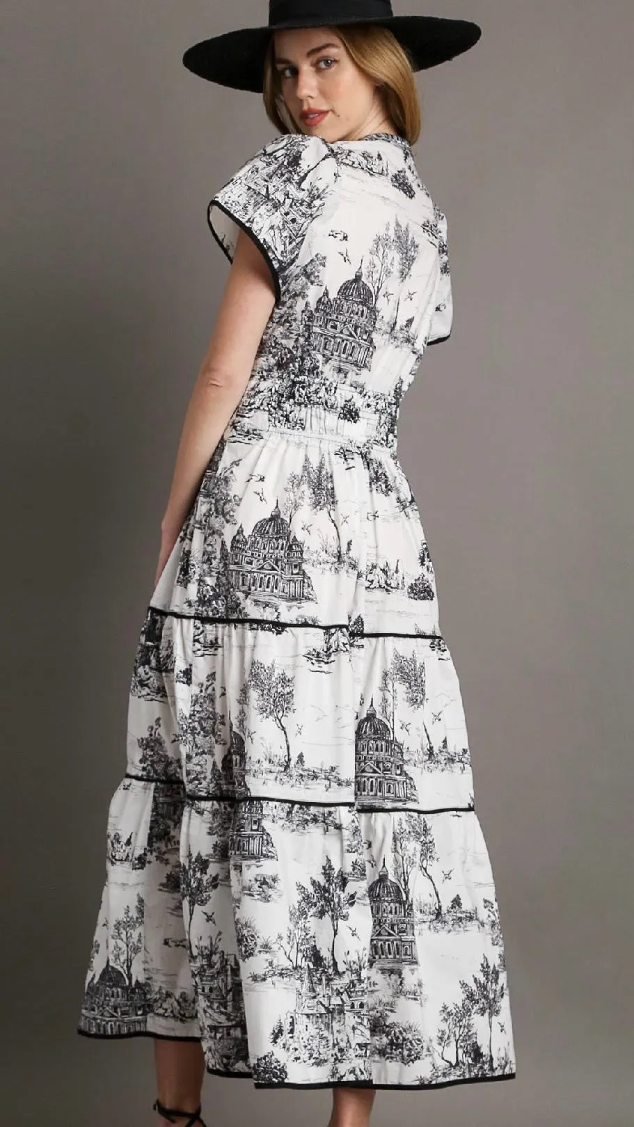 Tilda Toile Print Tiered Maxi Dress Black