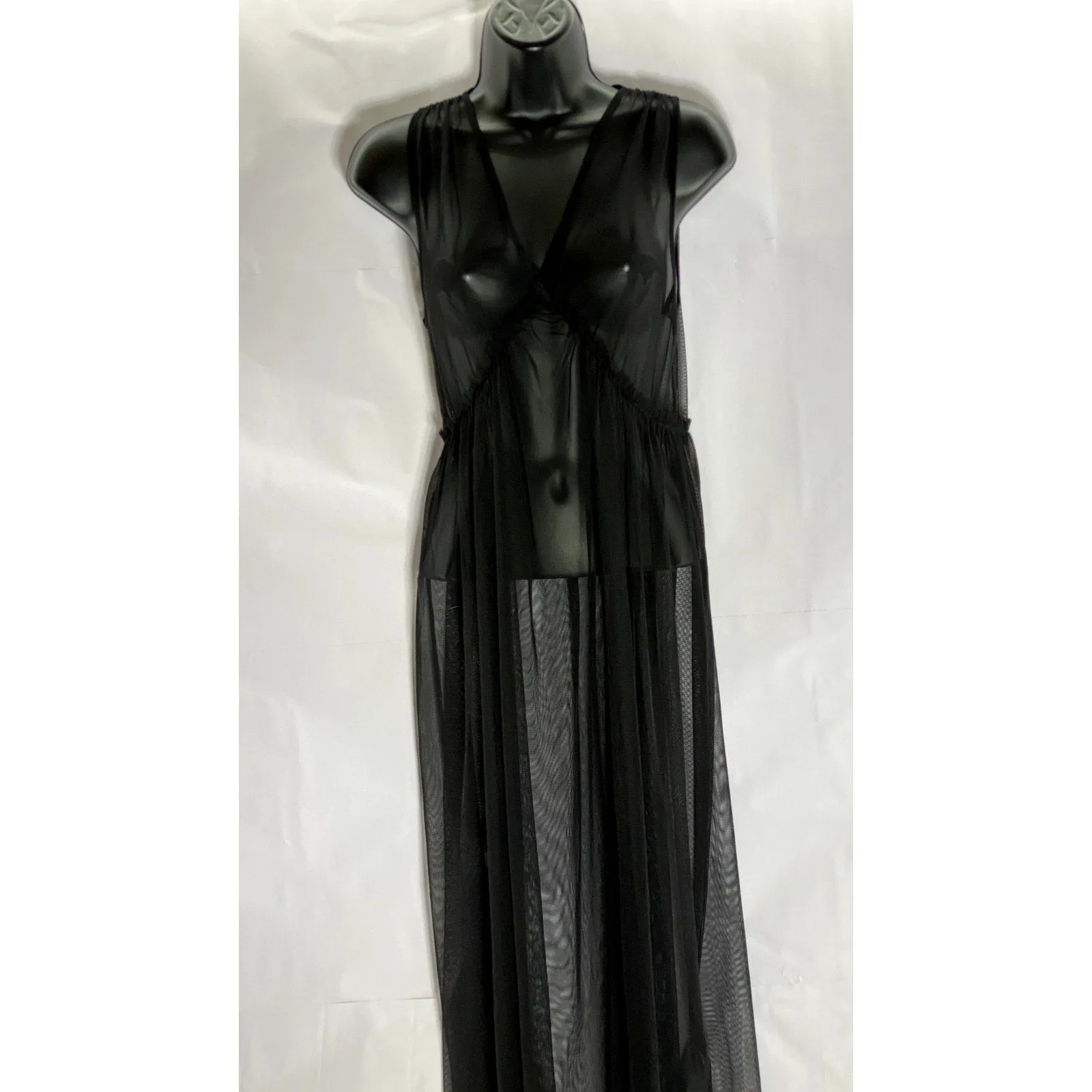 TOPSHOP Women's Black Tulle V-Neck Sleeveless Mesh Midi Dress SZ 2
