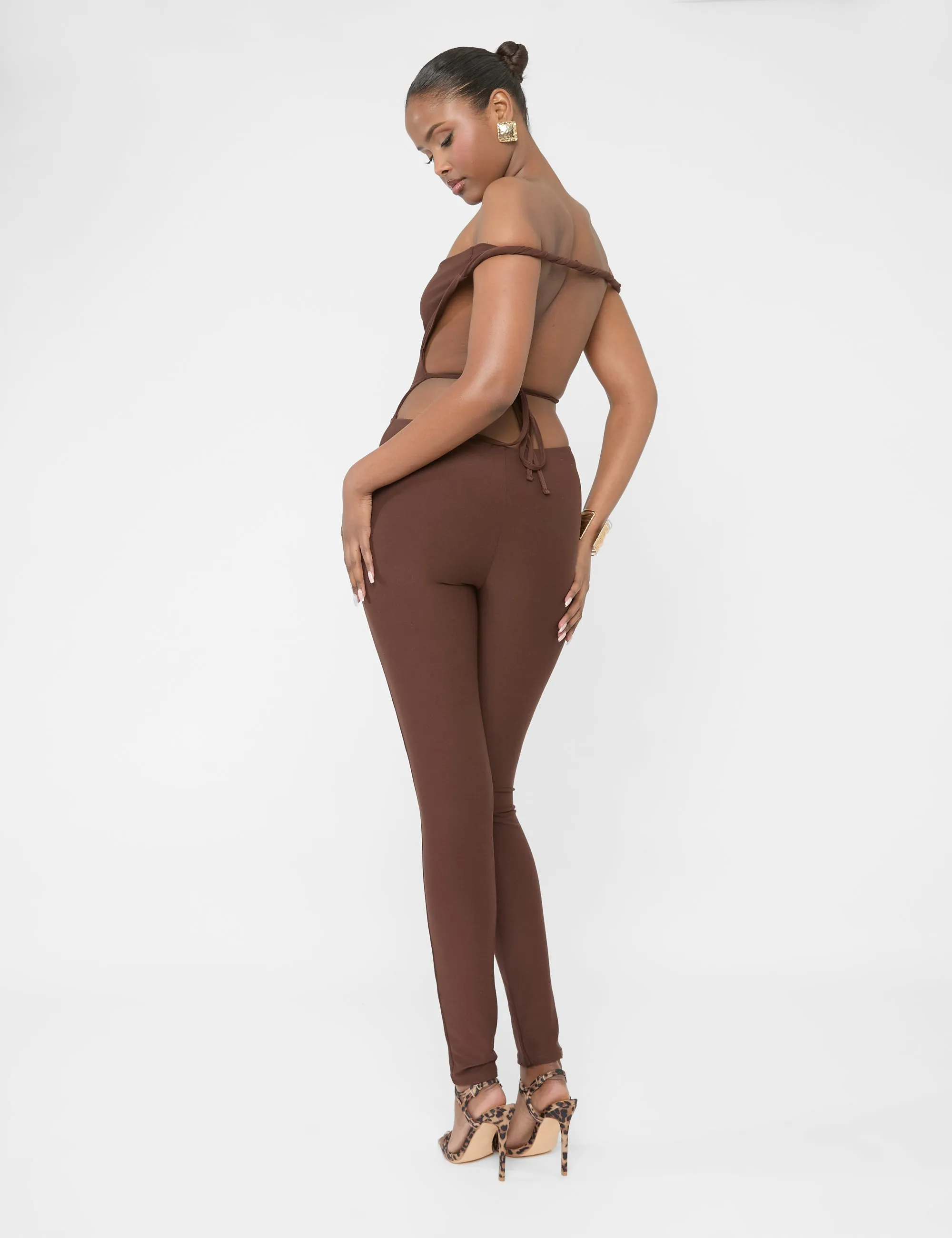 Twist Back Detail Off The Shoulder Luxe Slinky Jumpsuit Brown