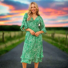 V-Neck 3/4 Sleeve Midi Dress - Green