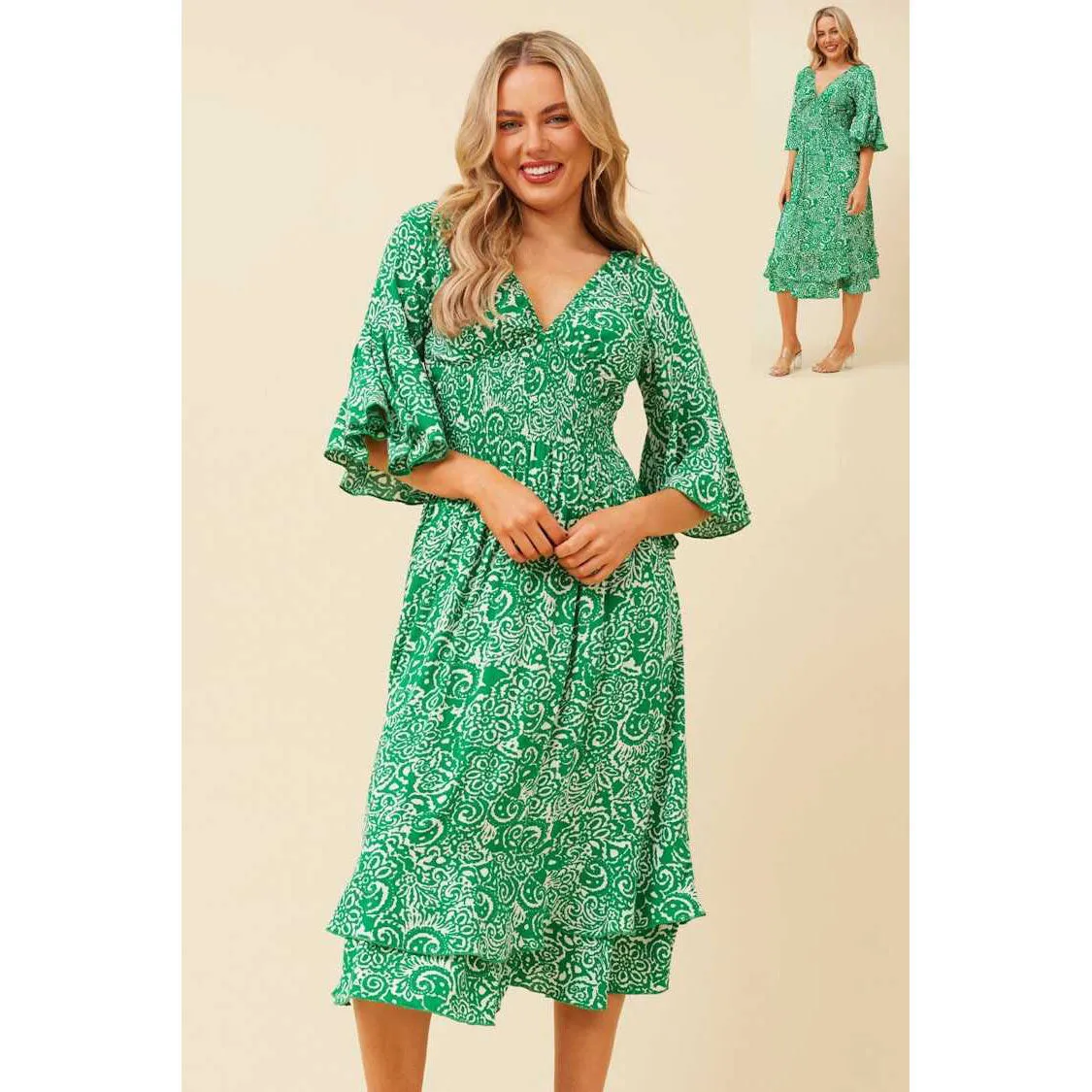V-Neck 3/4 Sleeve Midi Dress - Green