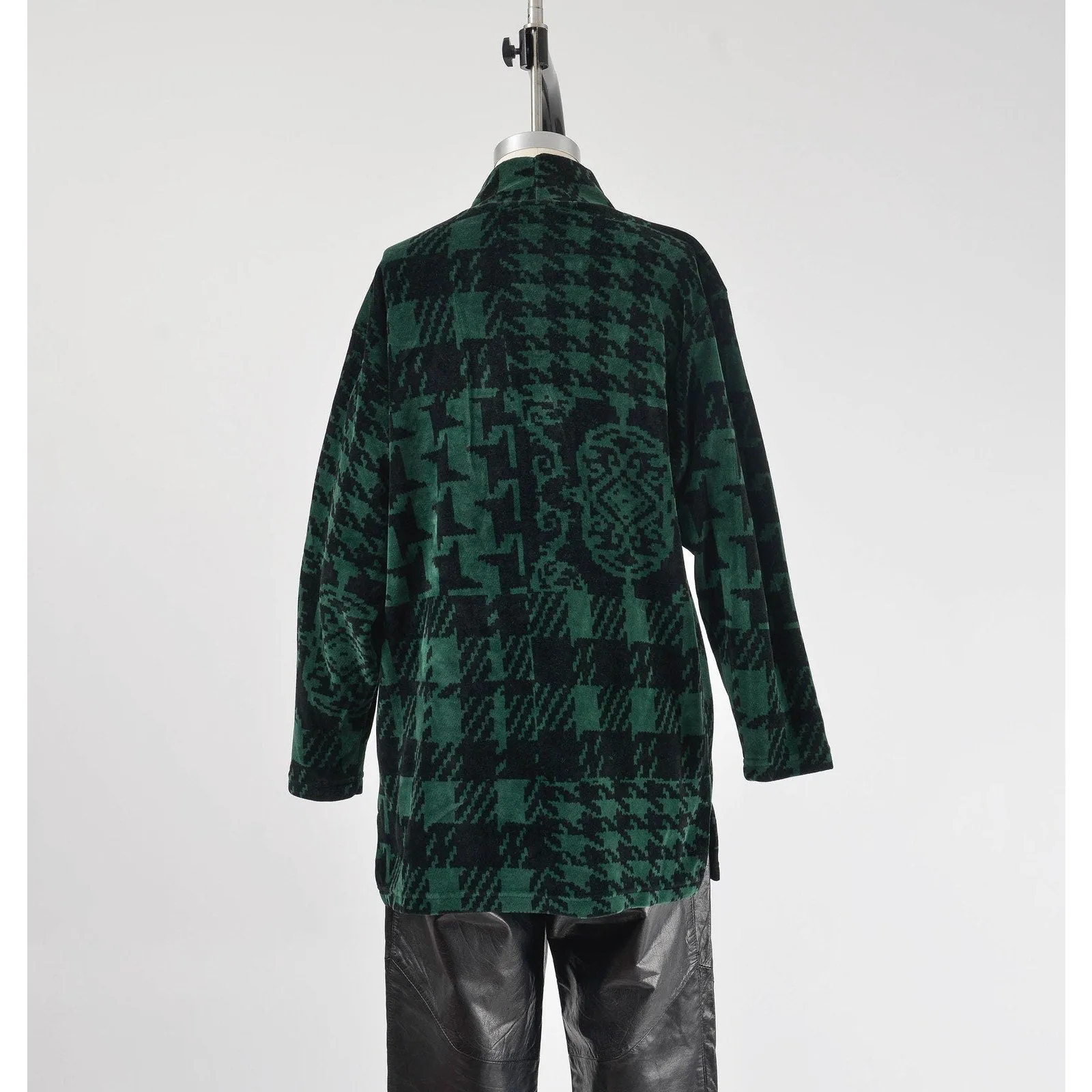 Vintage 90s Velour Plaid and Houndstooth Tunic Top Green and Black Mock Neck Stretchy Knit Shirt size M