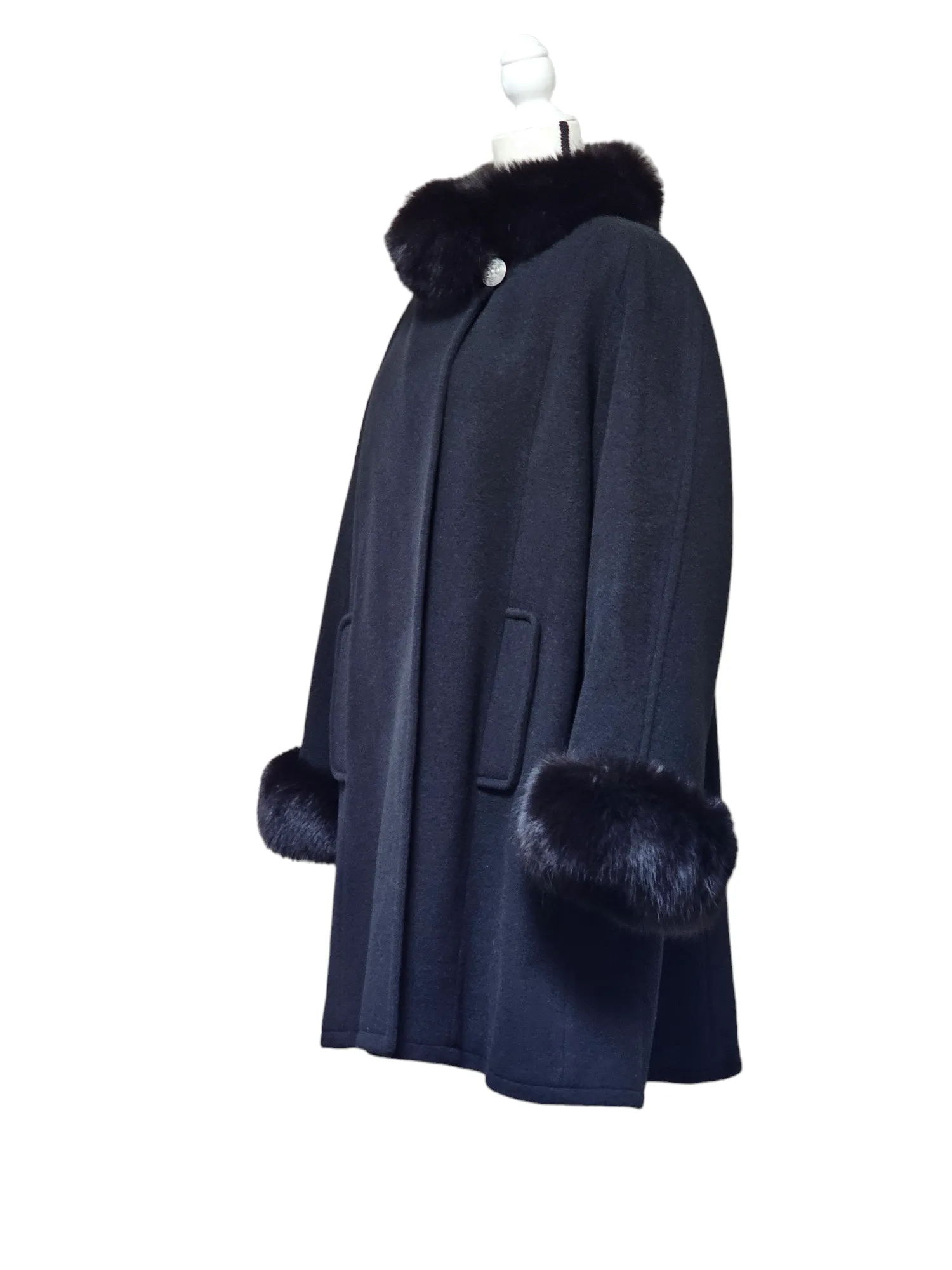 Vintage Nina Ricci Only at Bloomingdale's Cashmere Wool Swing Coat Fur Trim L/XL