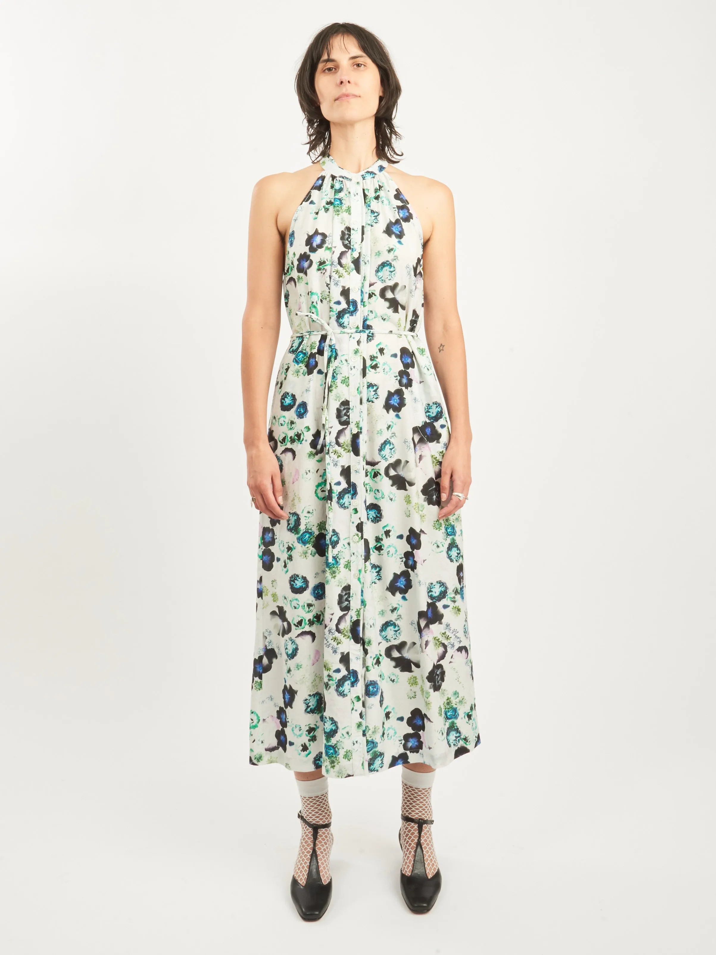 White Floral Halter Midi Dress