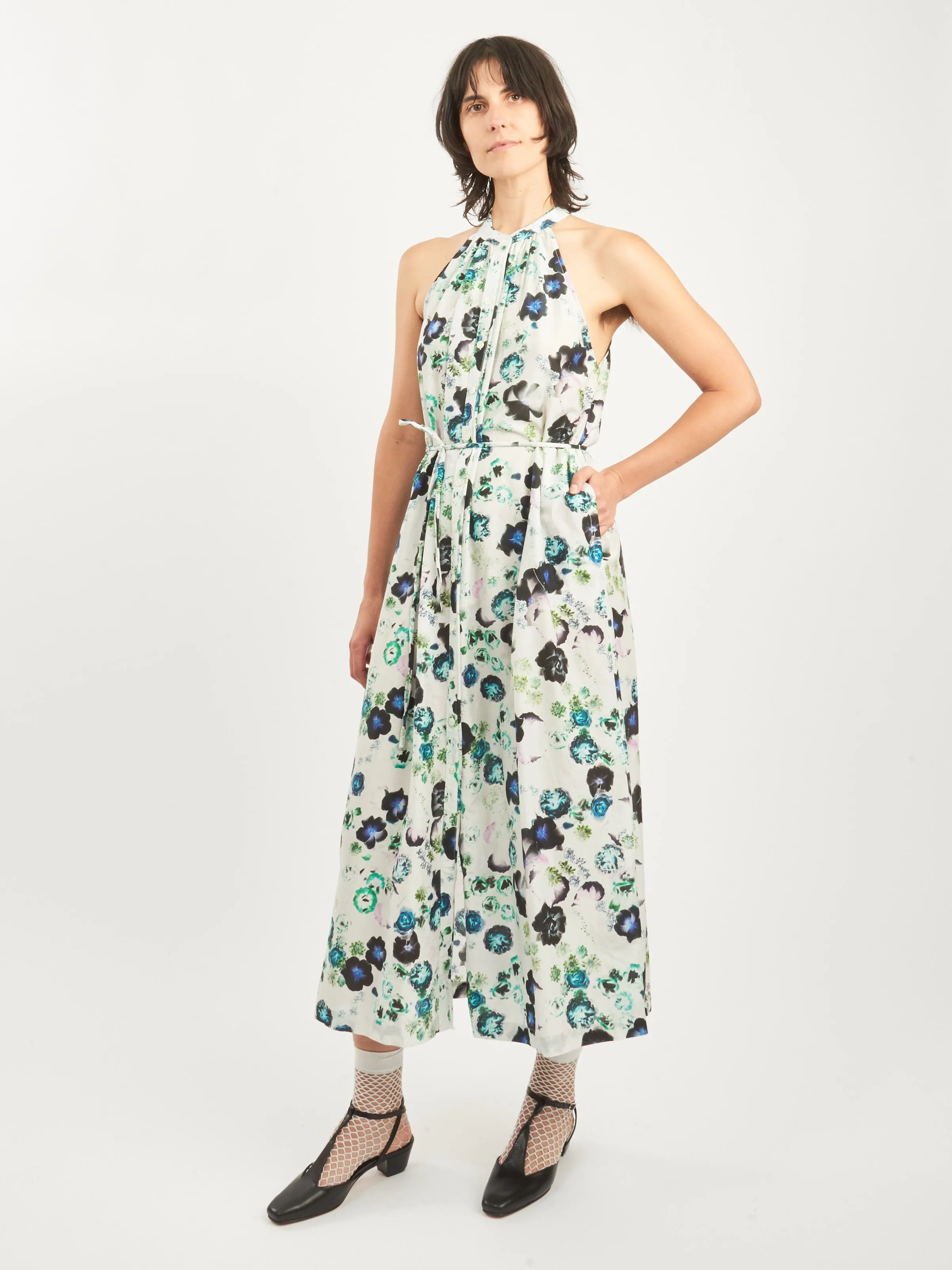 White Floral Halter Midi Dress