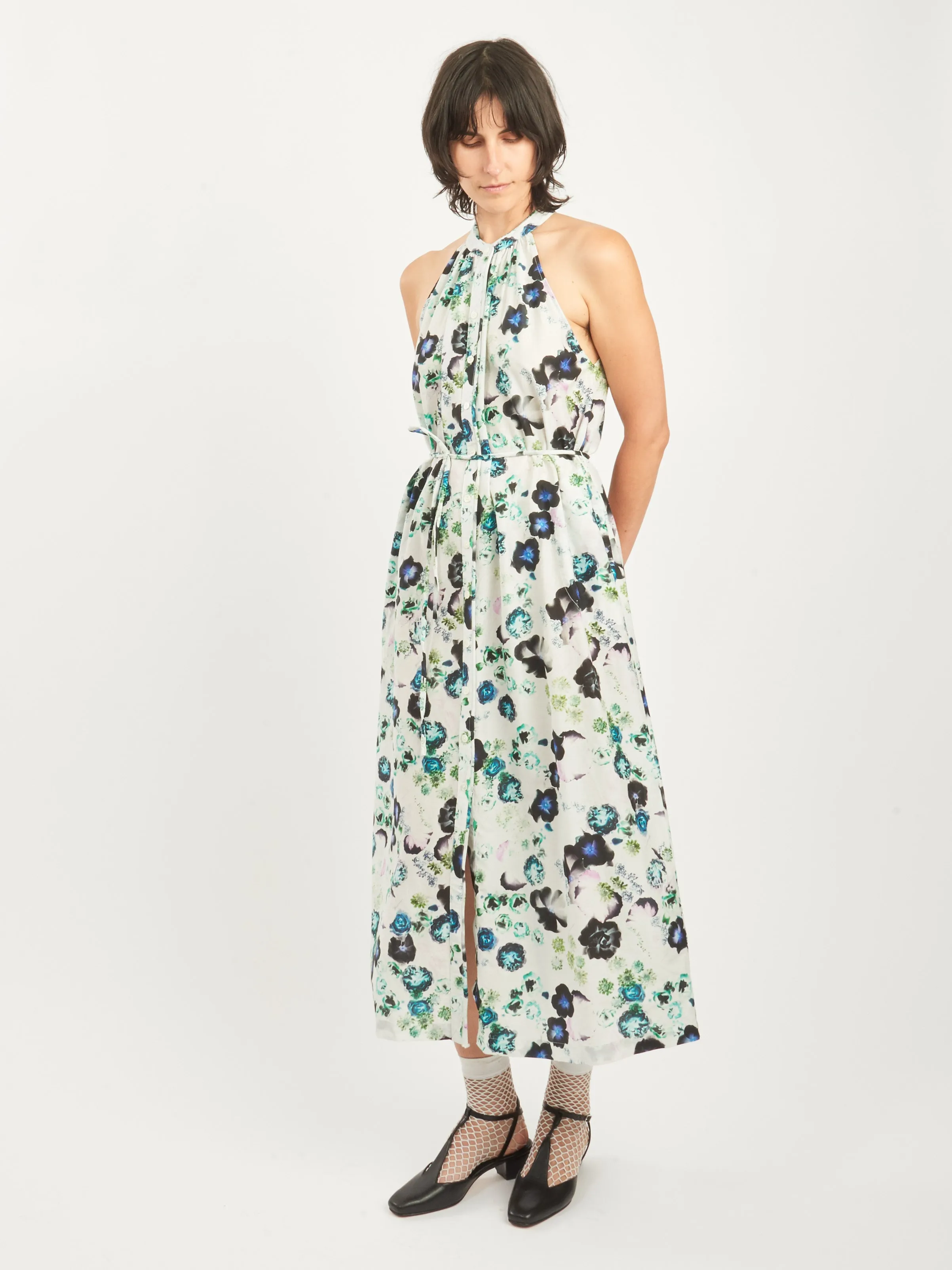 White Floral Halter Midi Dress