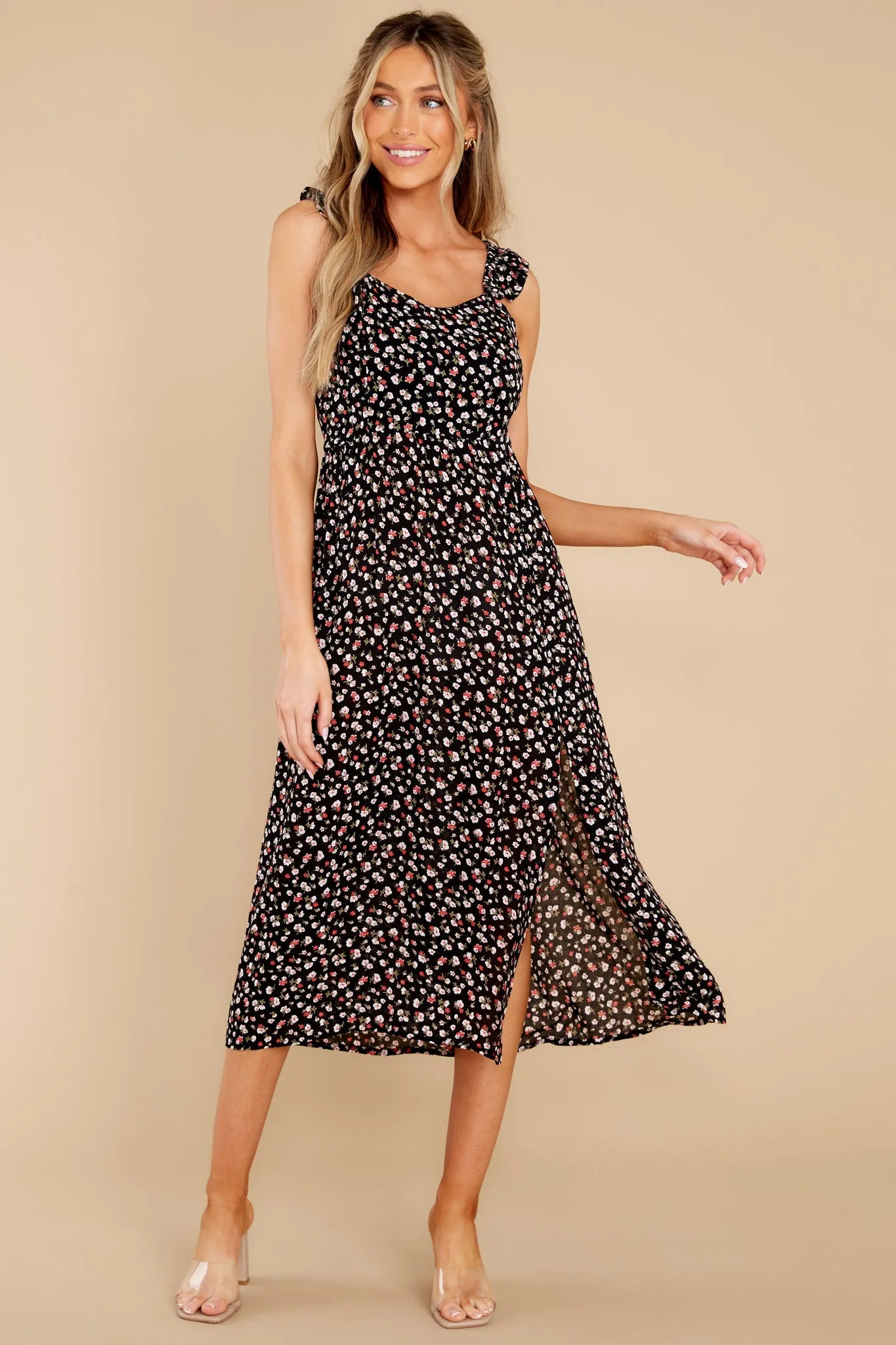 Wish You Were Here Black And Spiced Coral Floral Midi Dress