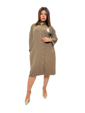 Women Brown Evil Eye Charm Long Shirt Dress