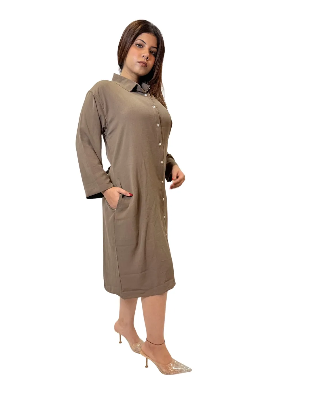 Women Brown Evil Eye Charm Long Shirt Dress