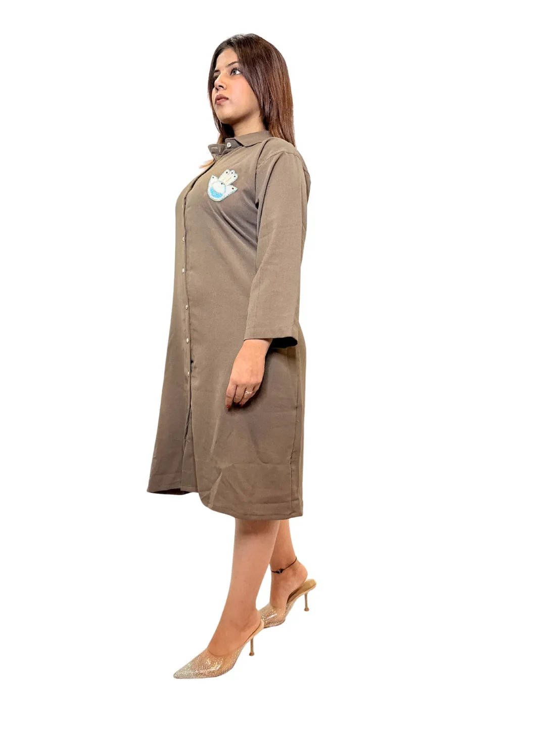 Women Brown Evil Eye Charm Long Shirt Dress