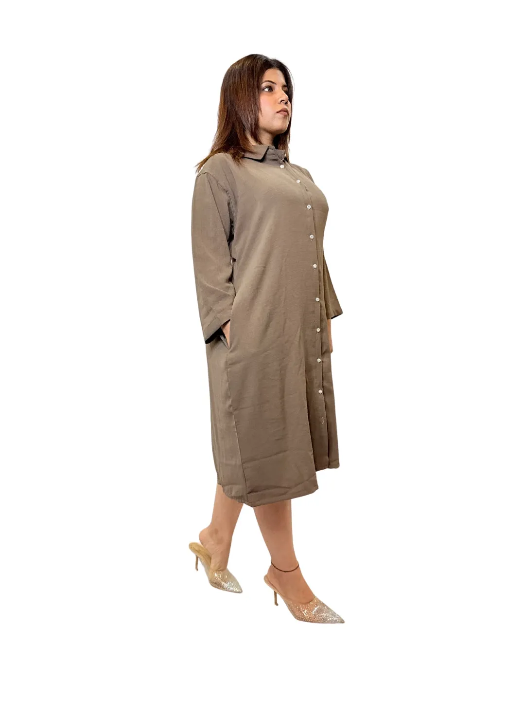 Women Brown Evil Eye Charm Long Shirt Dress
