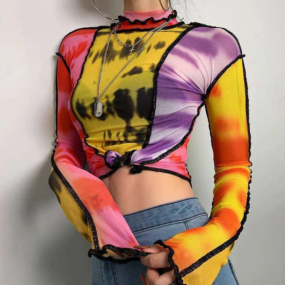 Women Turtleneck Long Sleeve Mesh Transparent Top Sexy Patchwork T Shirt