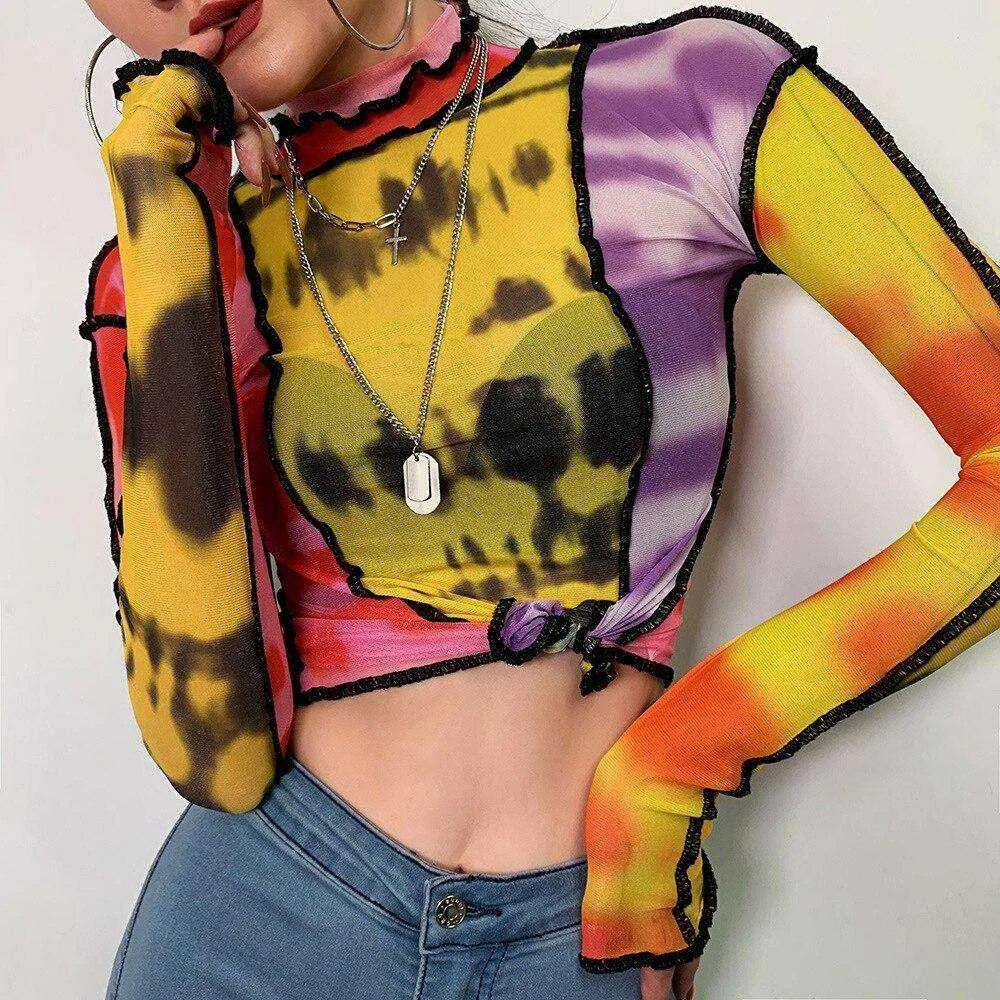 Women Turtleneck Long Sleeve Mesh Transparent Top Sexy Patchwork T Shirt