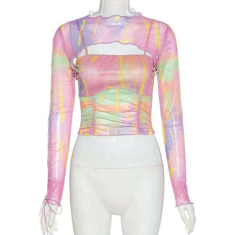 Women Turtleneck Long Sleeve Mesh Transparent Top Sexy Patchwork T Shirt