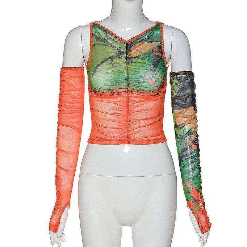 Women Turtleneck Long Sleeve Mesh Transparent Top Sexy Patchwork T Shirt
