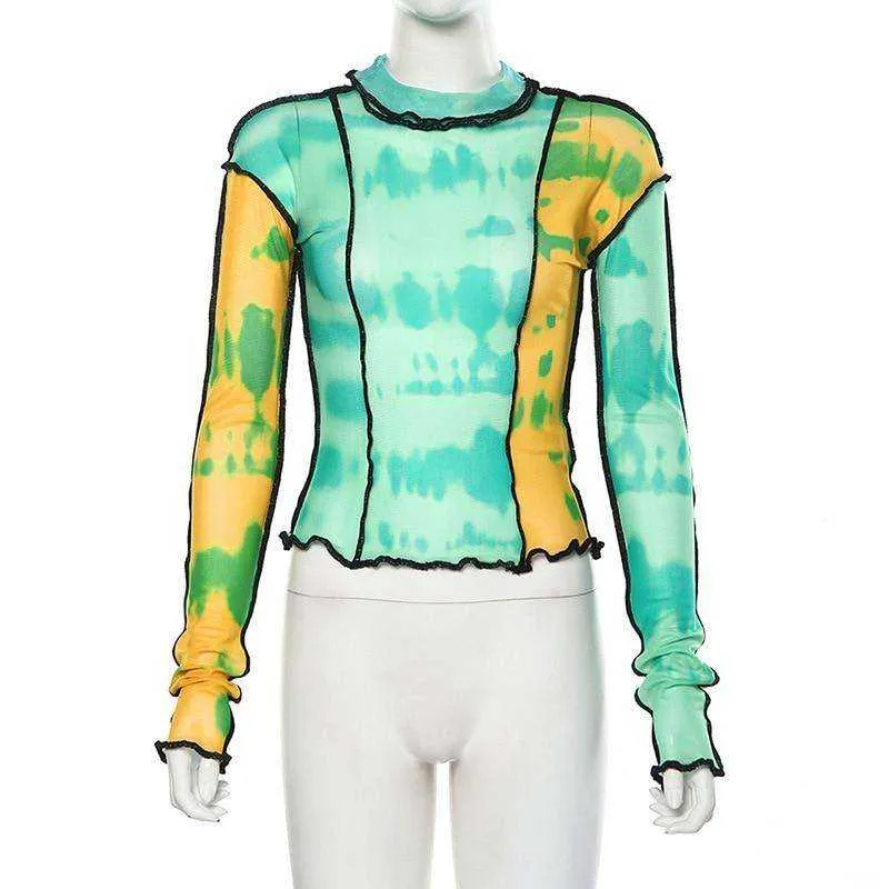 Women Turtleneck Long Sleeve Mesh Transparent Top Sexy Patchwork T Shirt