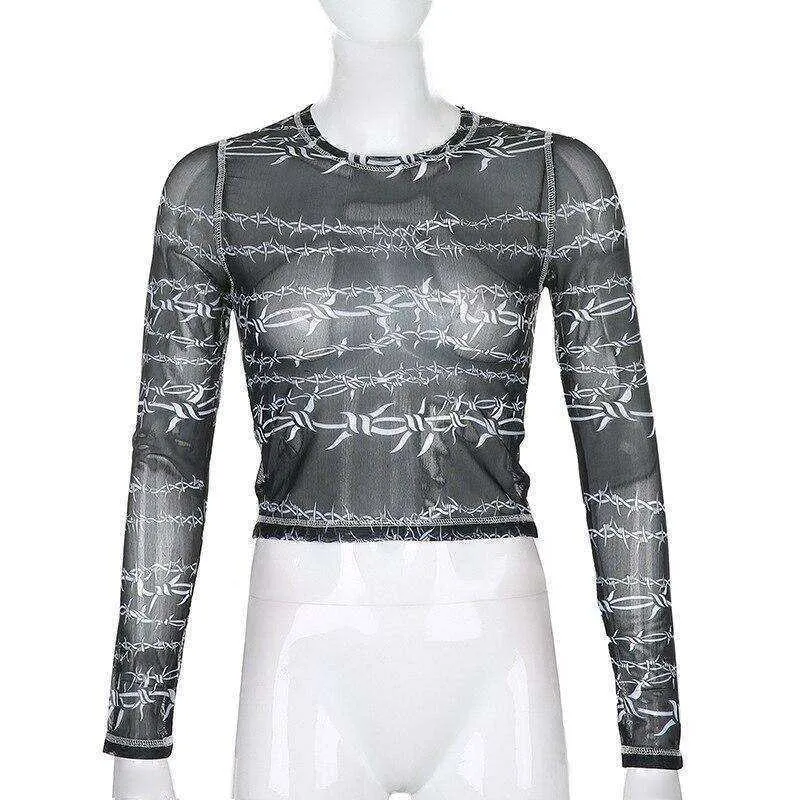 Women Turtleneck Long Sleeve Mesh Transparent Top Sexy Patchwork T Shirt