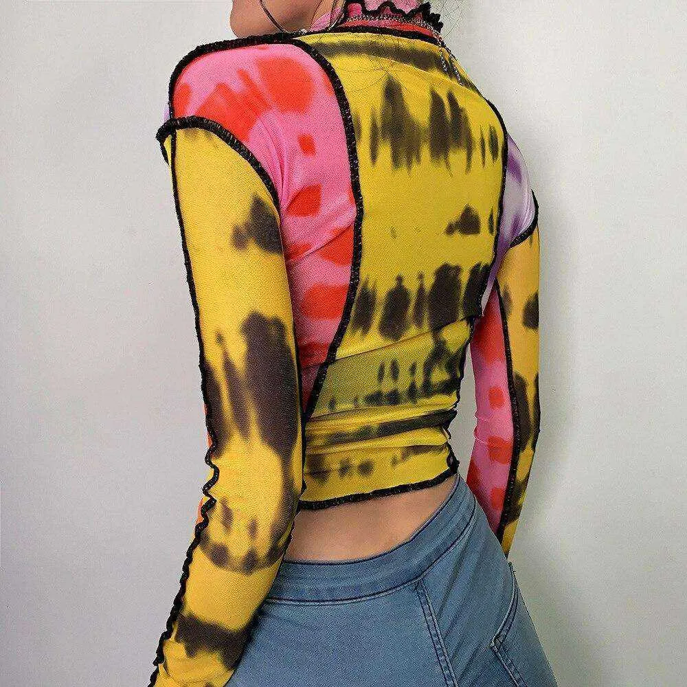 Women Turtleneck Long Sleeve Mesh Transparent Top Sexy Patchwork T Shirt