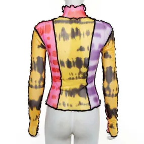 Women Turtleneck Long Sleeve Mesh Transparent Top Sexy Patchwork T Shirt