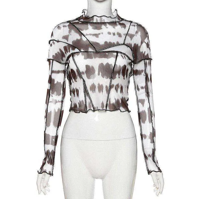 Women Turtleneck Long Sleeve Mesh Transparent Top Sexy Patchwork T Shirt