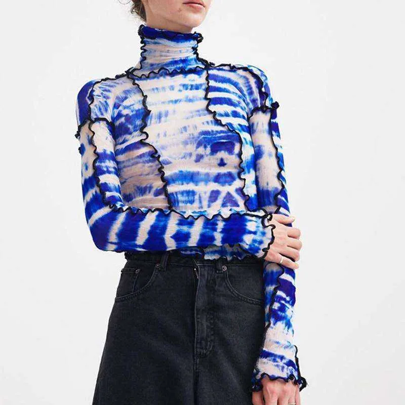 Women Turtleneck Long Sleeve Mesh Transparent Top Sexy Patchwork T Shirt