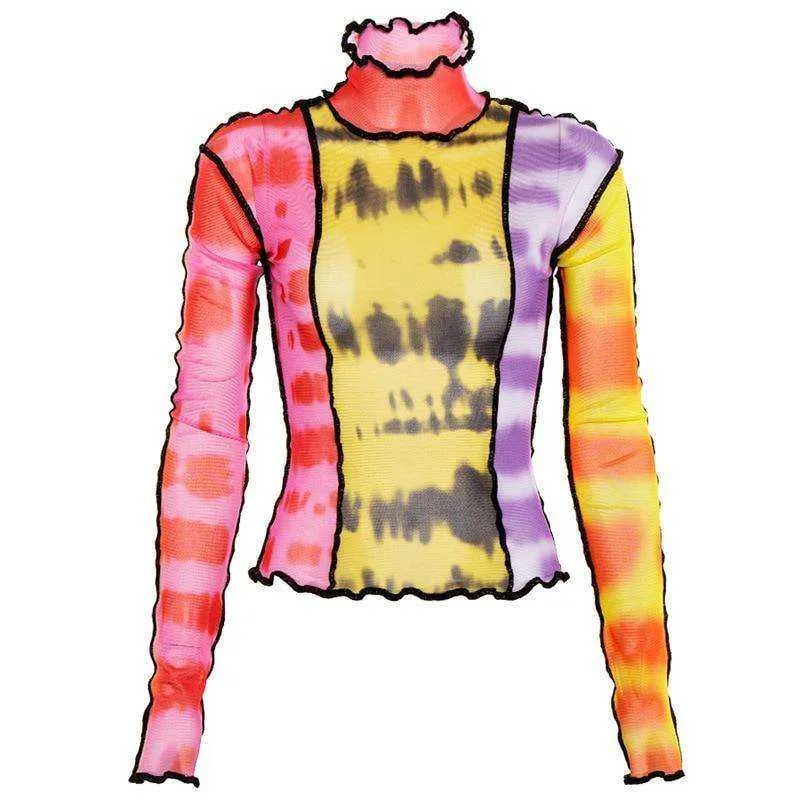 Women Turtleneck Long Sleeve Mesh Transparent Top Sexy Patchwork T Shirt