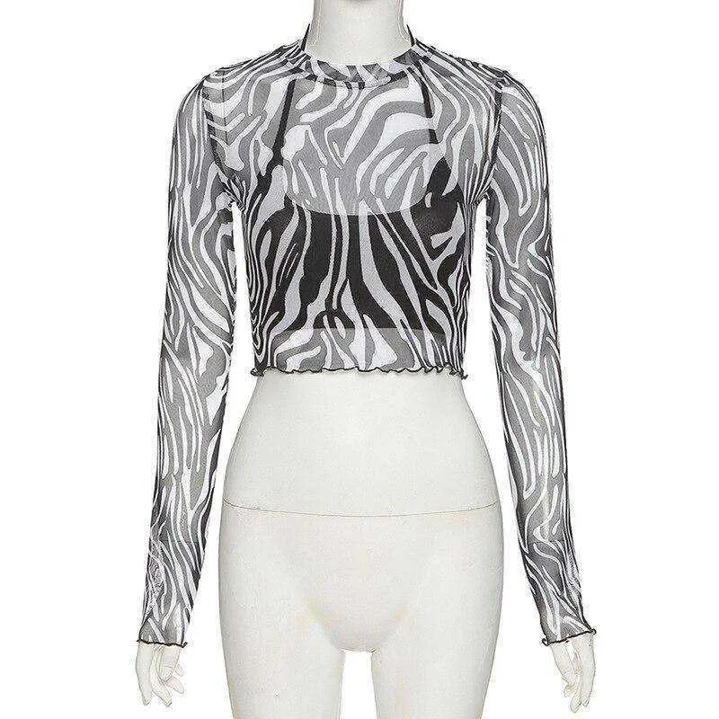 Women Turtleneck Long Sleeve Mesh Transparent Top Sexy Patchwork T Shirt