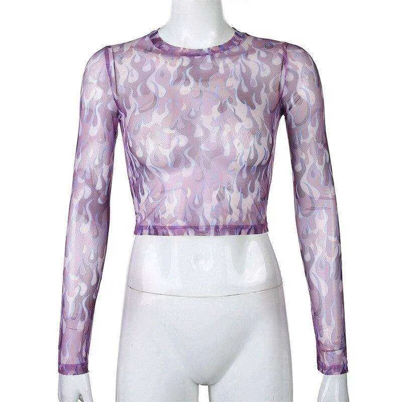 Women Turtleneck Long Sleeve Mesh Transparent Top Sexy Patchwork T Shirt