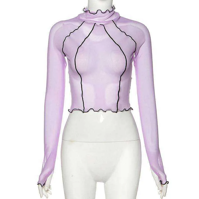 Women Turtleneck Long Sleeve Mesh Transparent Top Sexy Patchwork T Shirt