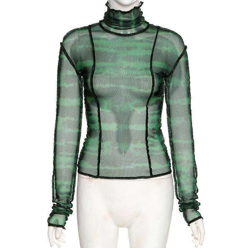 Women Turtleneck Long Sleeve Mesh Transparent Top Sexy Patchwork T Shirt