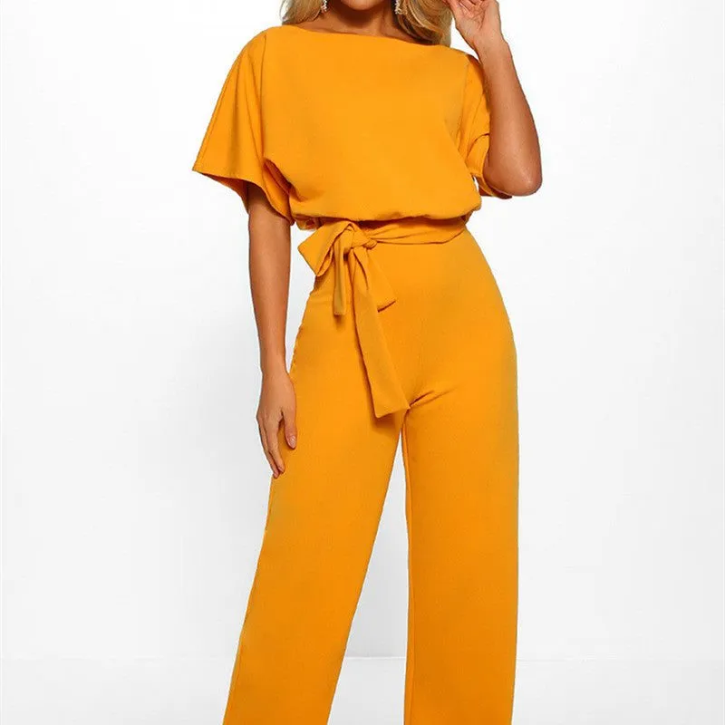 Women's Boat Neck Short Sleeve Jumpsuit with Waist Tie in 7 Colors S-3XL
