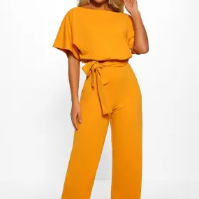 Women's Boat Neck Short Sleeve Jumpsuit with Waist Tie in 7 Colors S-3XL