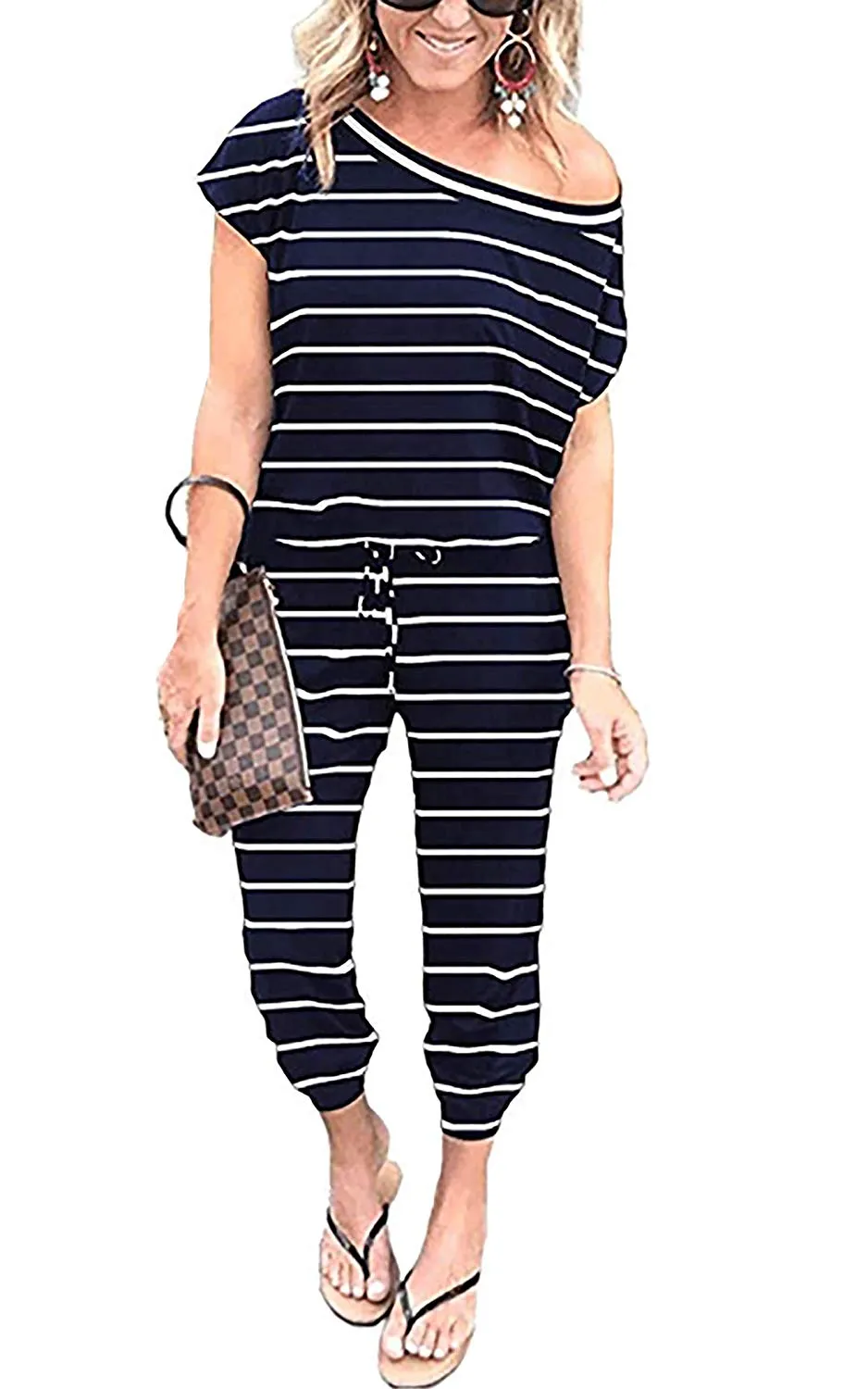 Women's Jumpsuits - Off Shoulder Short Sleeve Elastic Waist Romper  with Pockets