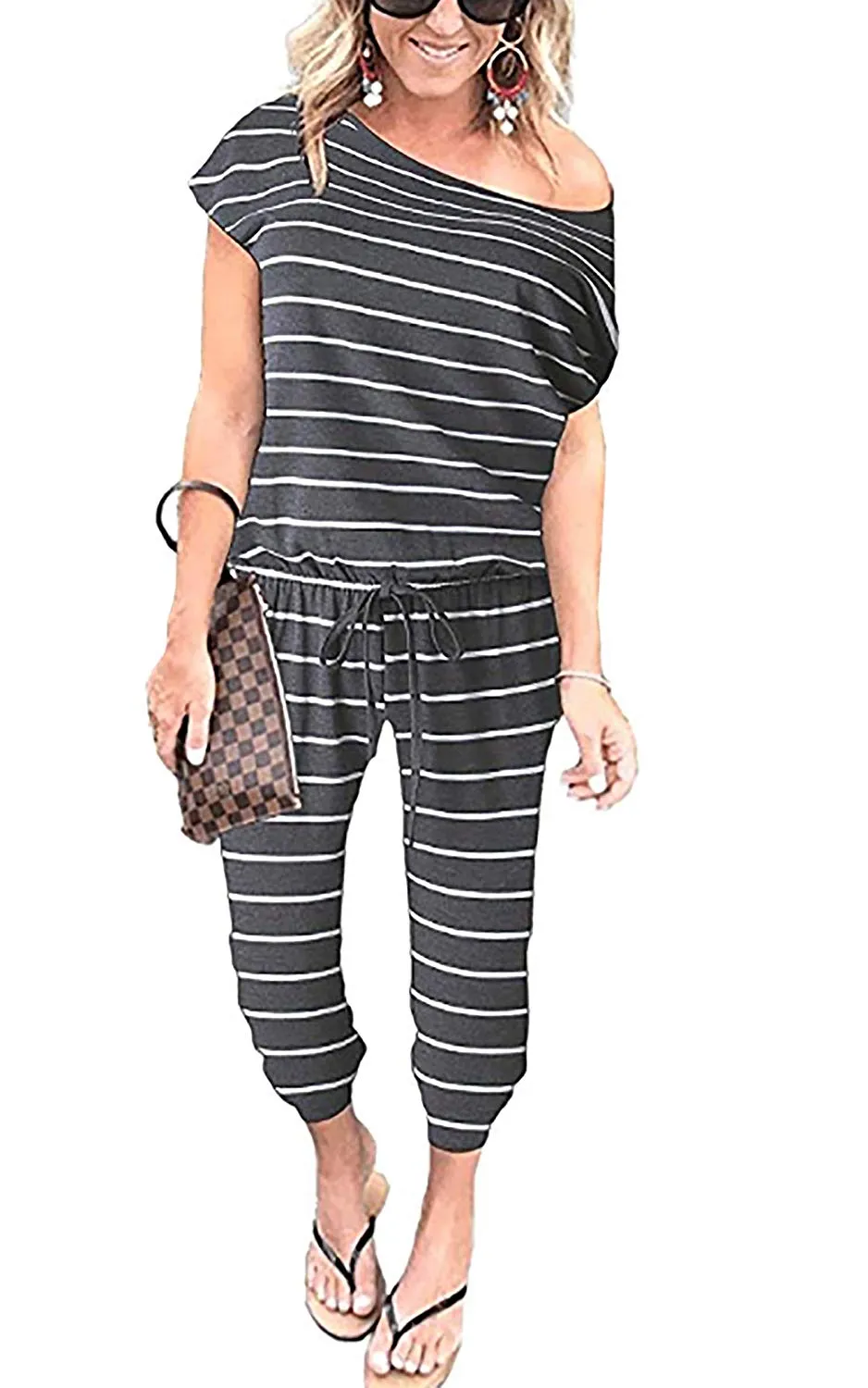 Women's Jumpsuits - Off Shoulder Short Sleeve Elastic Waist Romper  with Pockets