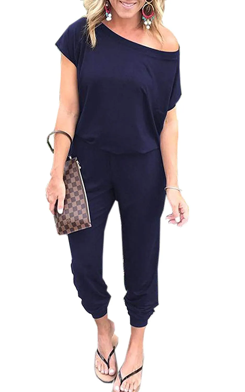 Women's Jumpsuits - Off Shoulder Short Sleeve Elastic Waist Romper  with Pockets