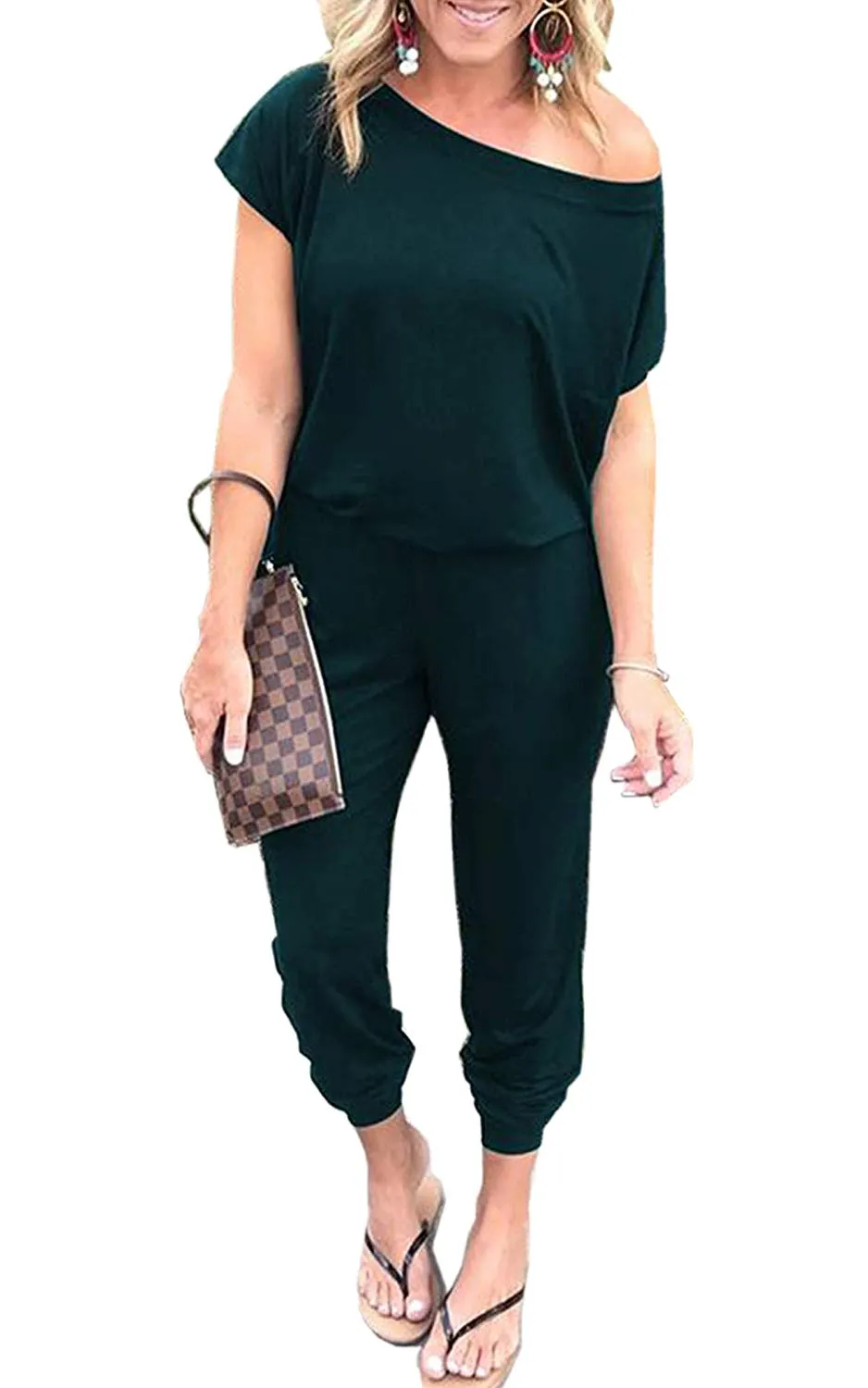 Women's Jumpsuits - Off Shoulder Short Sleeve Elastic Waist Romper  with Pockets