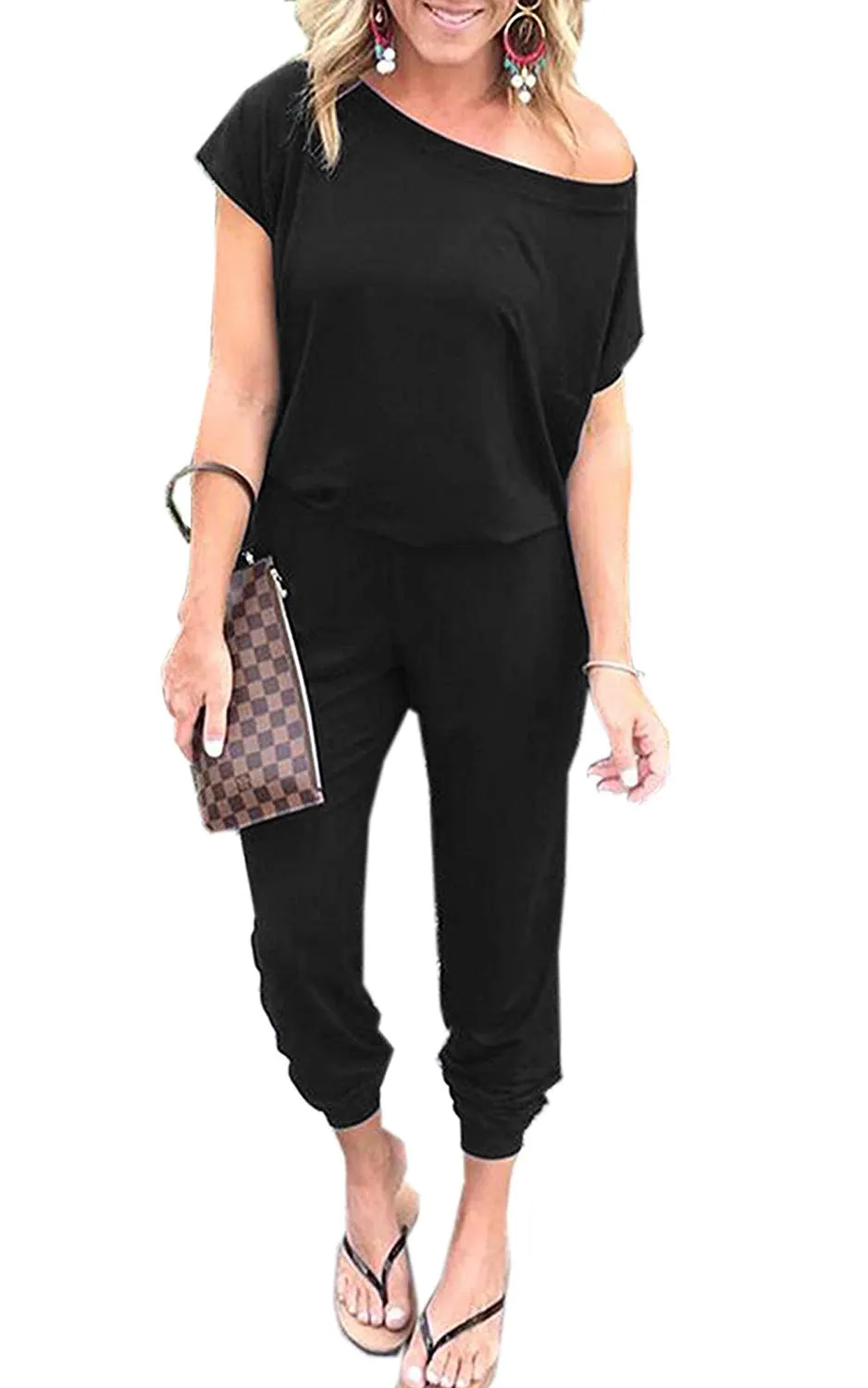 Women's Jumpsuits - Off Shoulder Short Sleeve Elastic Waist Romper  with Pockets