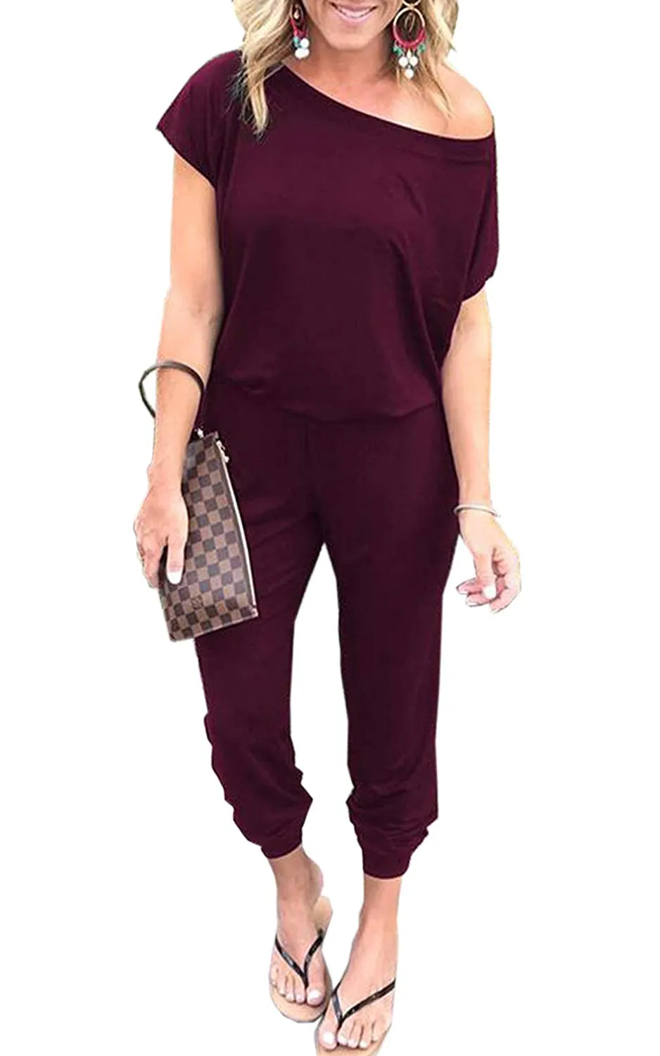 Women's Jumpsuits - Off Shoulder Short Sleeve Elastic Waist Romper  with Pockets