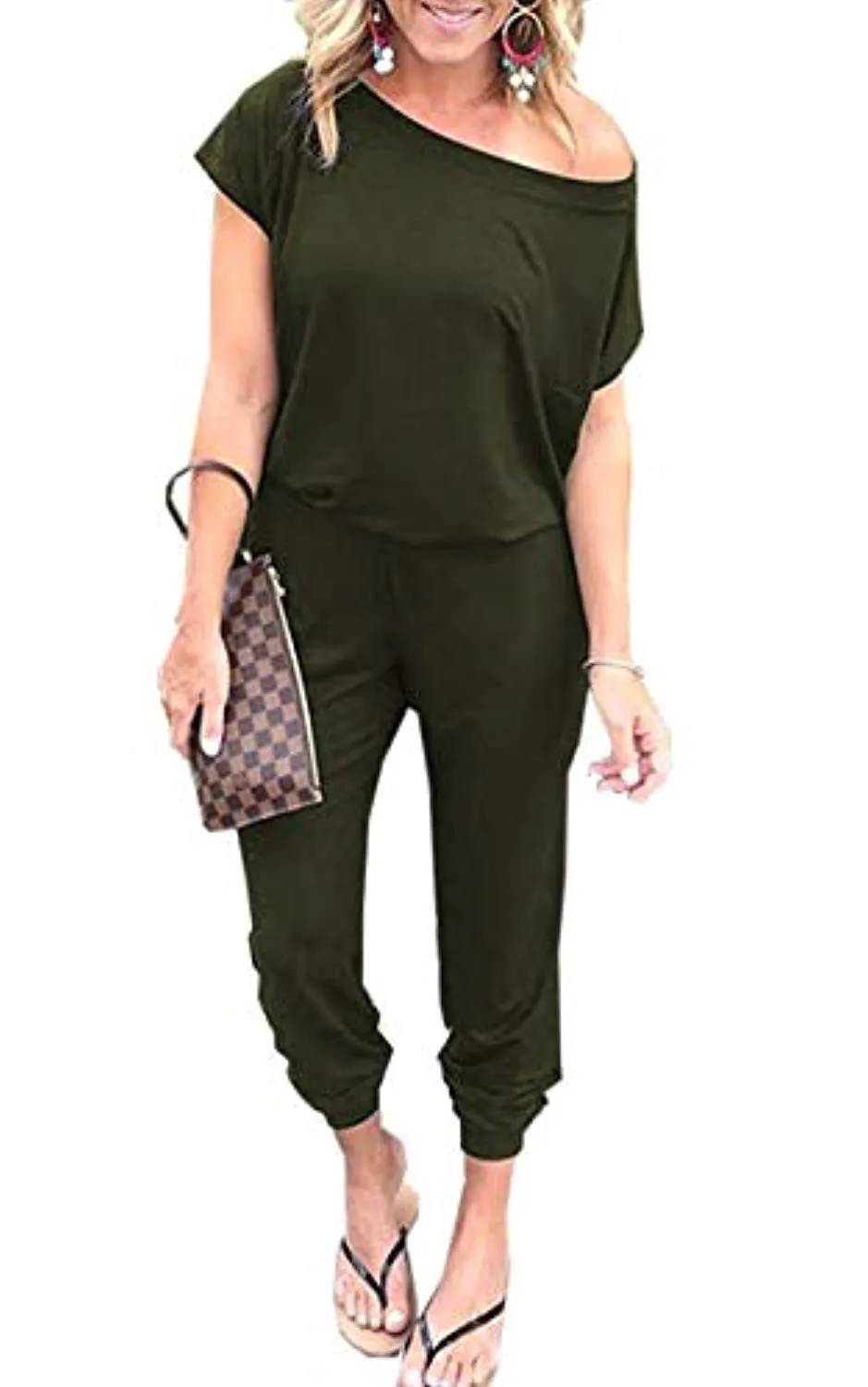 Women's Jumpsuits - Off Shoulder Short Sleeve Elastic Waist Romper  with Pockets