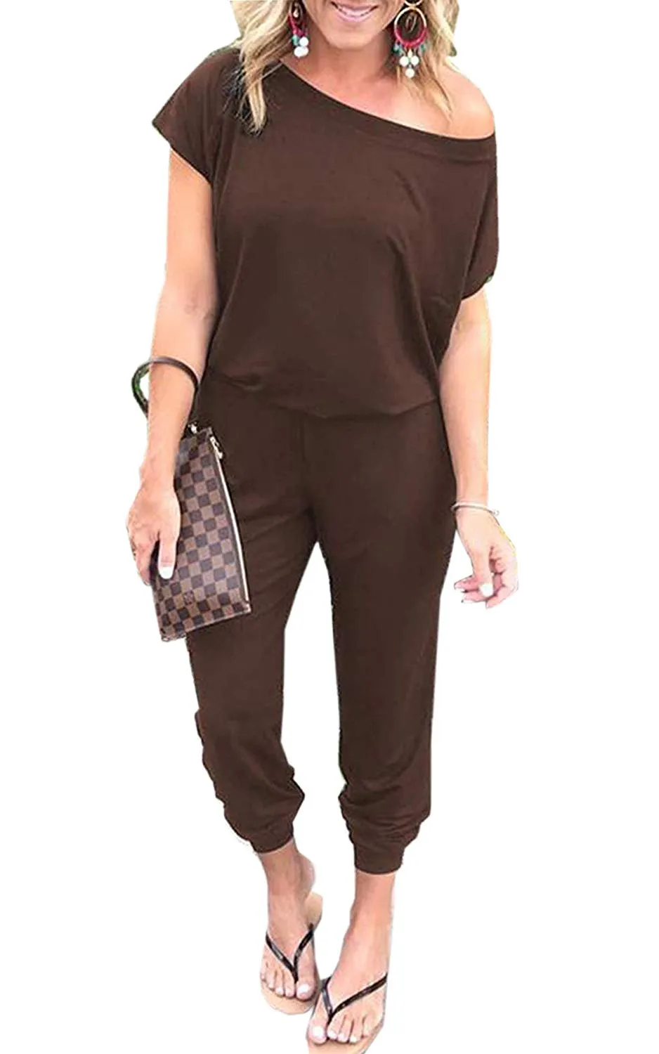 Women's Jumpsuits - Off Shoulder Short Sleeve Elastic Waist Romper  with Pockets