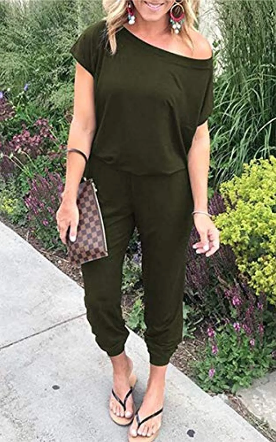 Women's Jumpsuits - Off Shoulder Short Sleeve Elastic Waist Romper  with Pockets