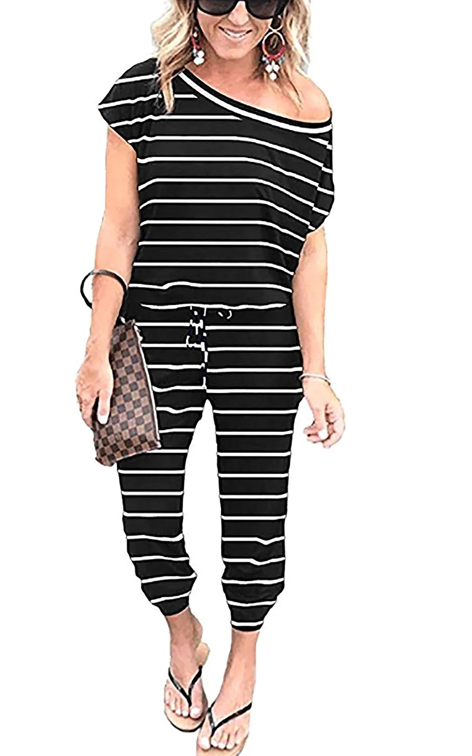 Women's Jumpsuits - Off Shoulder Short Sleeve Elastic Waist Romper  with Pockets