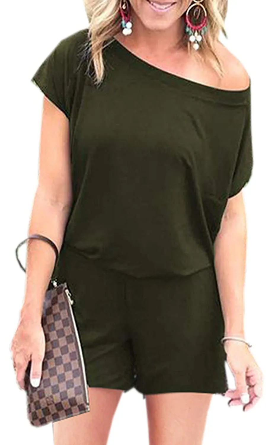 Women's Jumpsuits - Off Shoulder Short Sleeve Elastic Waist Romper  with Pockets
