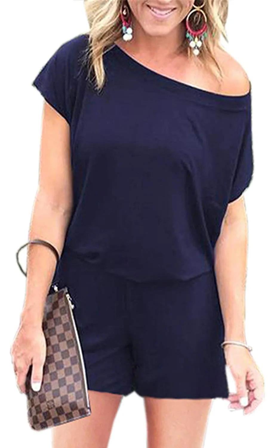 Women's Jumpsuits - Off Shoulder Short Sleeve Elastic Waist Romper  with Pockets