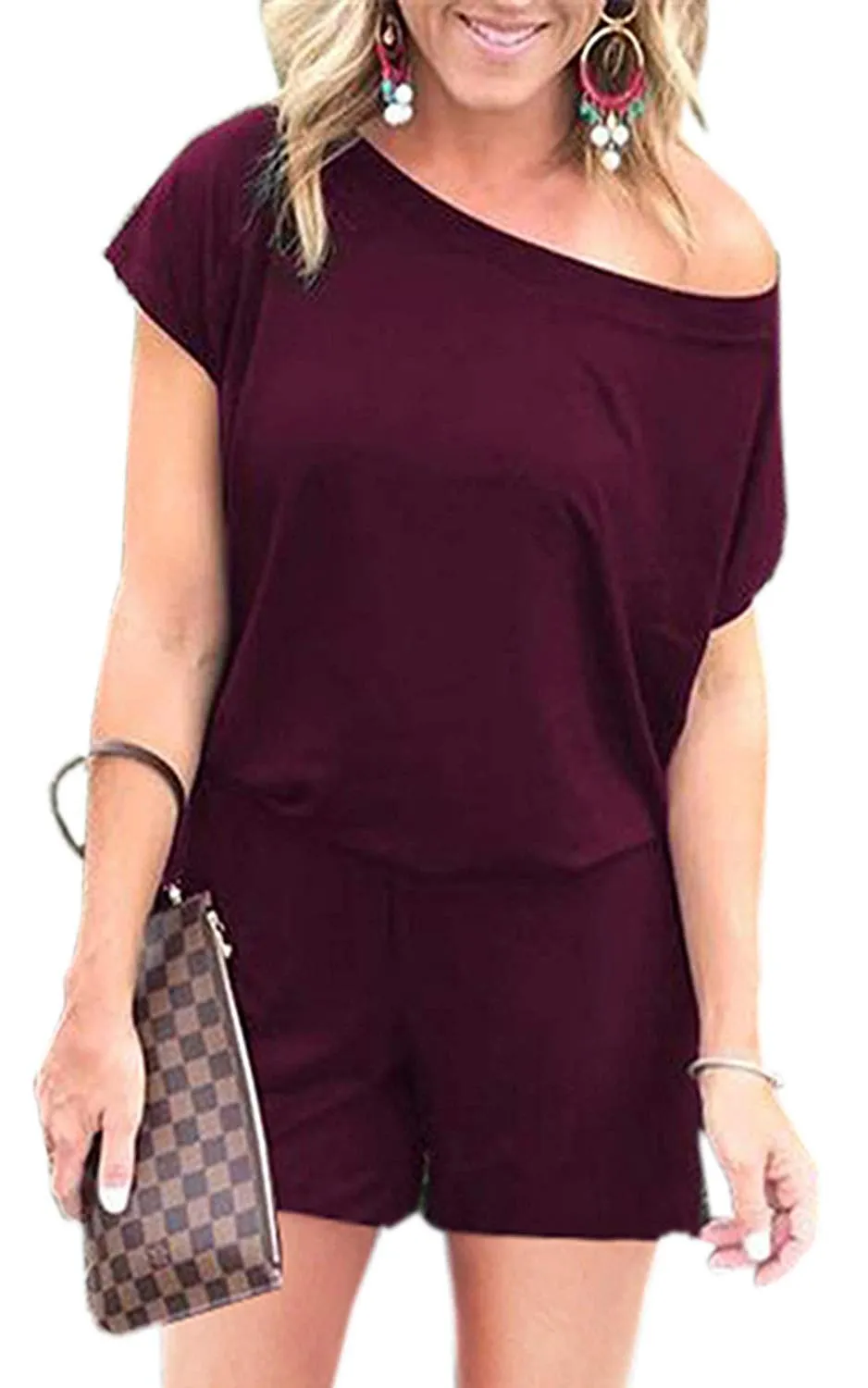 Women's Jumpsuits - Off Shoulder Short Sleeve Elastic Waist Romper  with Pockets