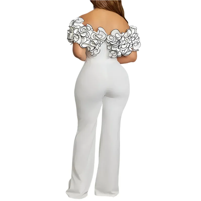 Women's Sexy Off Shoulder Ruffles Decor Skinny Flare Leg Jumpsuit – Stylish and Elegant, Perfect for a Night Out or Special Occasion