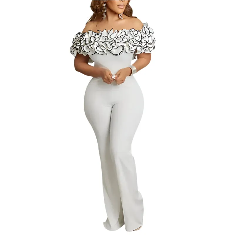 Women's Sexy Off Shoulder Ruffles Decor Skinny Flare Leg Jumpsuit – Stylish and Elegant, Perfect for a Night Out or Special Occasion